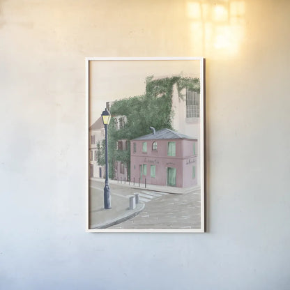 Montmartre Paris by Omar Escalante. shown as a paper print in a white frame. Available as a archival giclee rolled canvas, fine art paper, or poster print. SKU 71212h.