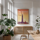 New Smyrna Beach by Omar Escalante. shown as a print in a natural wood frame in a dining room. Available as a archival giclee rolled canvas, fine art paper, or poster print. SKU 62761h.