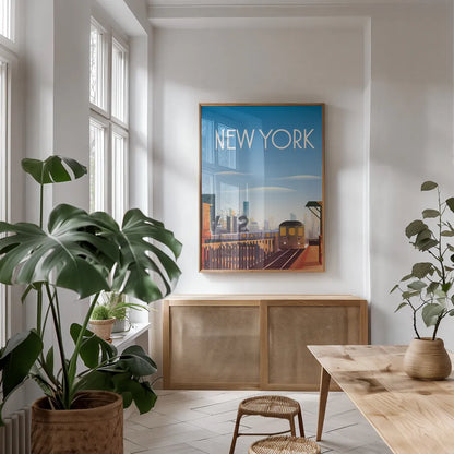 New York City by Omar Escalante. shown as a print in a natural wood frame in a dining room. Available as a archival giclee rolled canvas, fine art paper, or poster print. SKU 62039h.