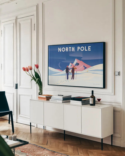 North Pole by Omar Escalante. shown as a framed stretched canvas in a living room above a console. Available as a archival giclee rolled canvas, fine art paper, or poster print. SKU 67453i.