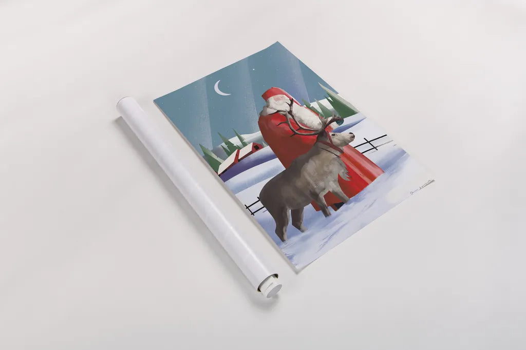 North Pole Santa Claus by Omar Escalante. shown as a rolled paper print. Available as archival giclee rolled canvas, fine art paper, or poster print. SKU 74908h.