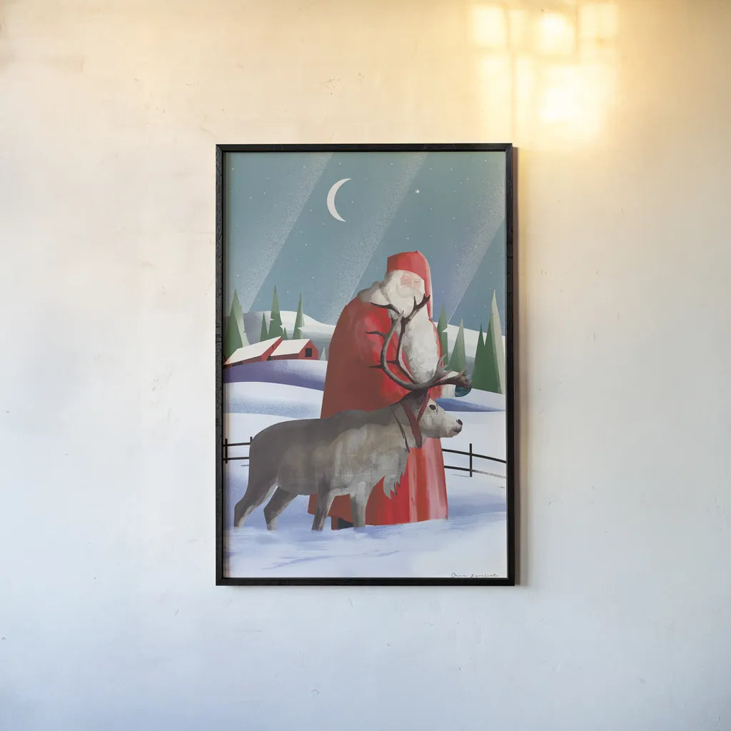 North Pole Santa Claus by Omar Escalante. shown as a paper print in a black flame. Available as a archival giclee rolled canvas, fine art paper, or poster print. SKU 74908h.
