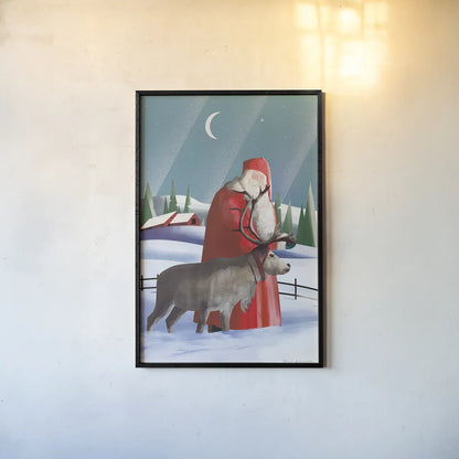 North Pole Santa Claus by Omar Escalante. shown as a paper print in a black flame. Available as a archival giclee rolled canvas, fine art paper, or poster print. SKU 74908h.