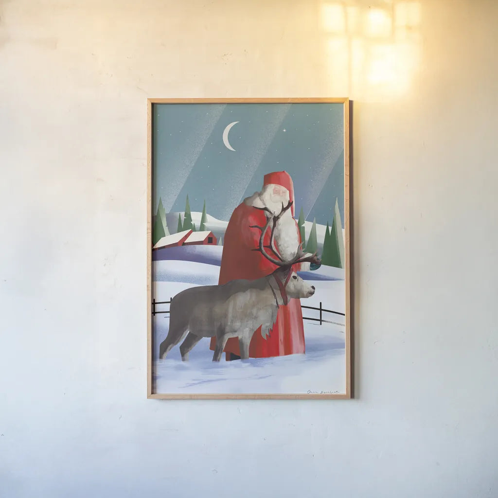 North Pole Santa Claus by Omar Escalante. shown as a paper print in a natural frame. Available as a archival giclee rolled canvas, fine art paper, or poster print. SKU 74908h.