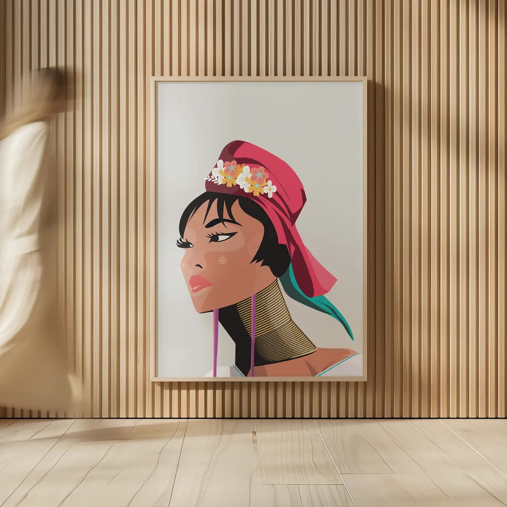 Padaung Woman by Omar Escalante. shown as over sized large wall art. Available as an archival giclee rolled canvas, fine art paper, or poster print. SKU 62770h.