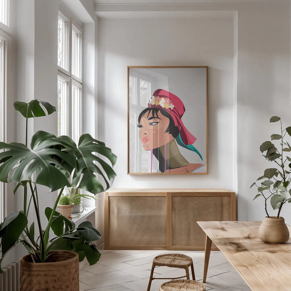 Padaung Woman by Omar Escalante. shown as a print in a natural wood frame in a dining room. Available as a archival giclee rolled canvas, fine art paper, or poster print. SKU 62770h.