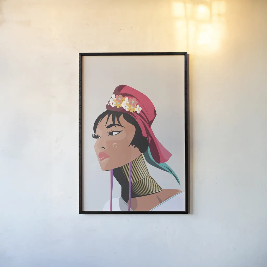 Padaung Woman by Omar Escalante. shown as a paper print in a black flame. Available as a archival giclee rolled canvas, fine art paper, or poster print. SKU 62770h.