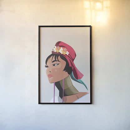 Padaung Woman by Omar Escalante. shown as a paper print in a black flame. Available as a archival giclee rolled canvas, fine art paper, or poster print. SKU 62770h.