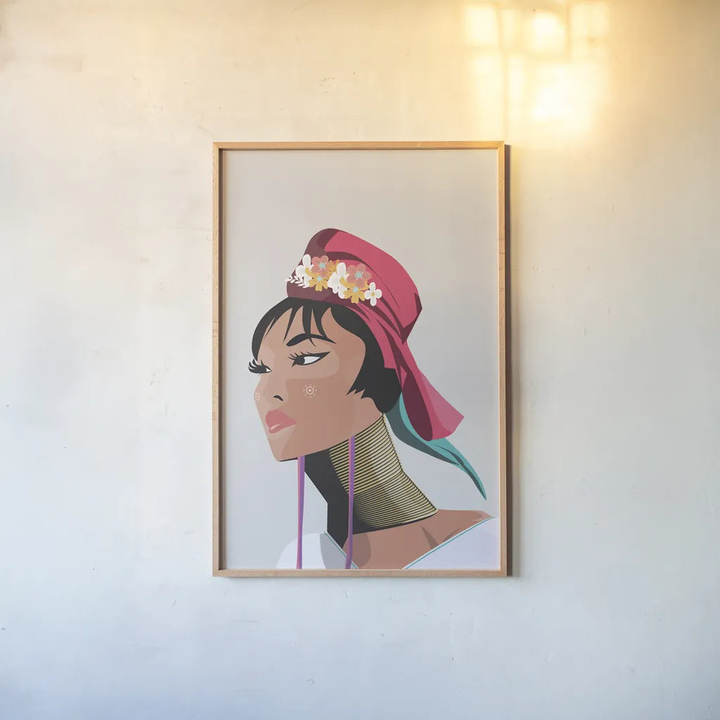 Padaung Woman by Omar Escalante. shown as a paper print in a natural frame. Available as a archival giclee rolled canvas, fine art paper, or poster print. SKU 62770h.