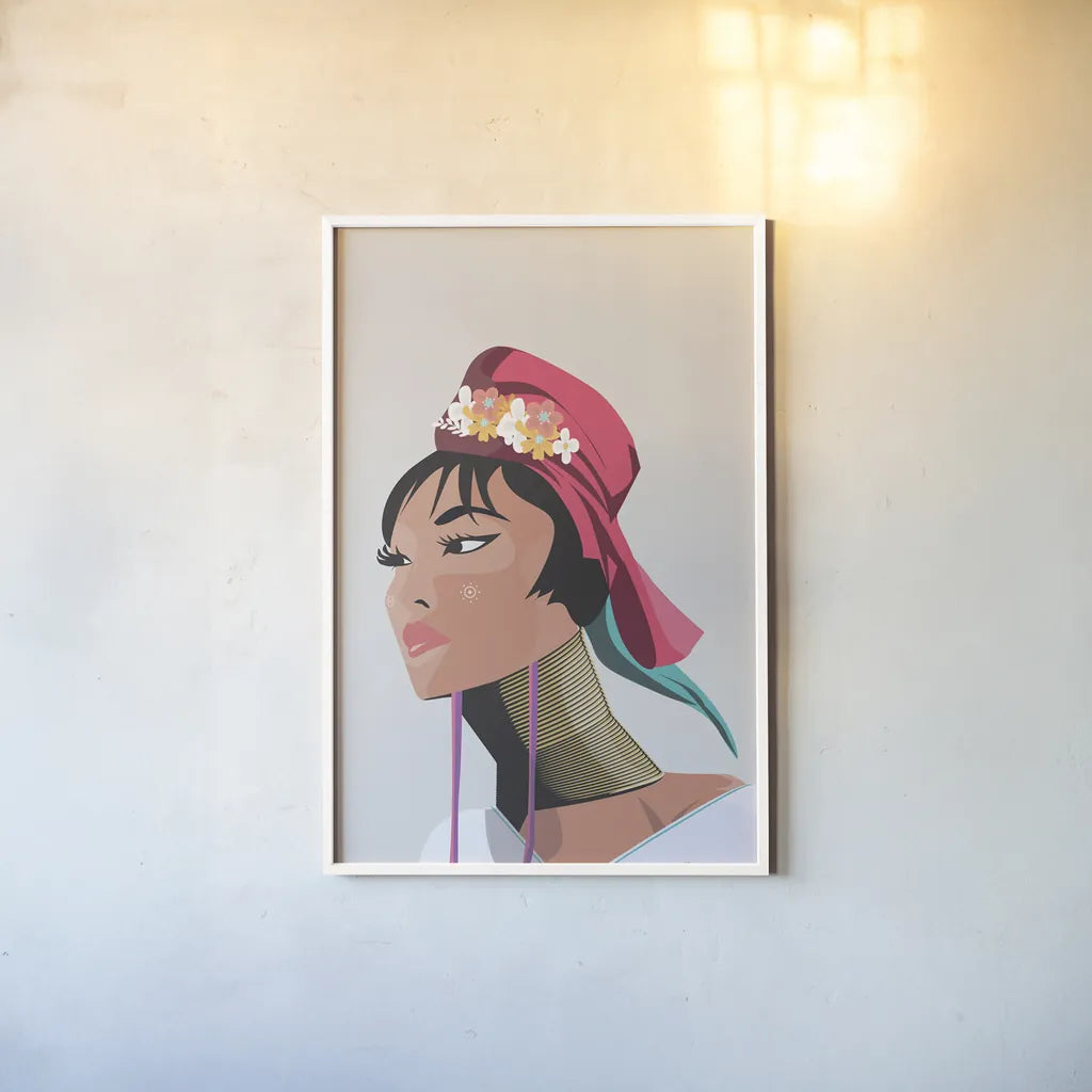 Padaung Woman by Omar Escalante. shown as a paper print in a white frame. Available as a archival giclee rolled canvas, fine art paper, or poster print. SKU 62770h.