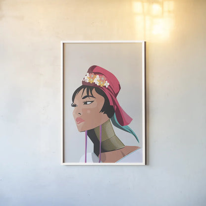 Padaung Woman by Omar Escalante. shown as a paper print in a white frame. Available as a archival giclee rolled canvas, fine art paper, or poster print. SKU 62770h.