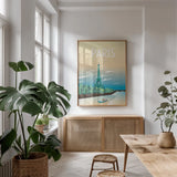 Paris by Omar Escalante. shown as a print in a natural wood frame in a dining room. Available as a archival giclee rolled canvas, fine art paper, or poster print. SKU 62771h.