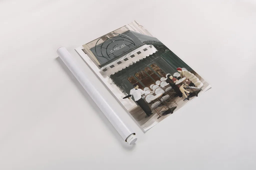 Paris Bistro by Omar Escalante. shown as a rolled paper print. Available as archival giclee rolled canvas, fine art paper, or poster print. SKU 71213h.