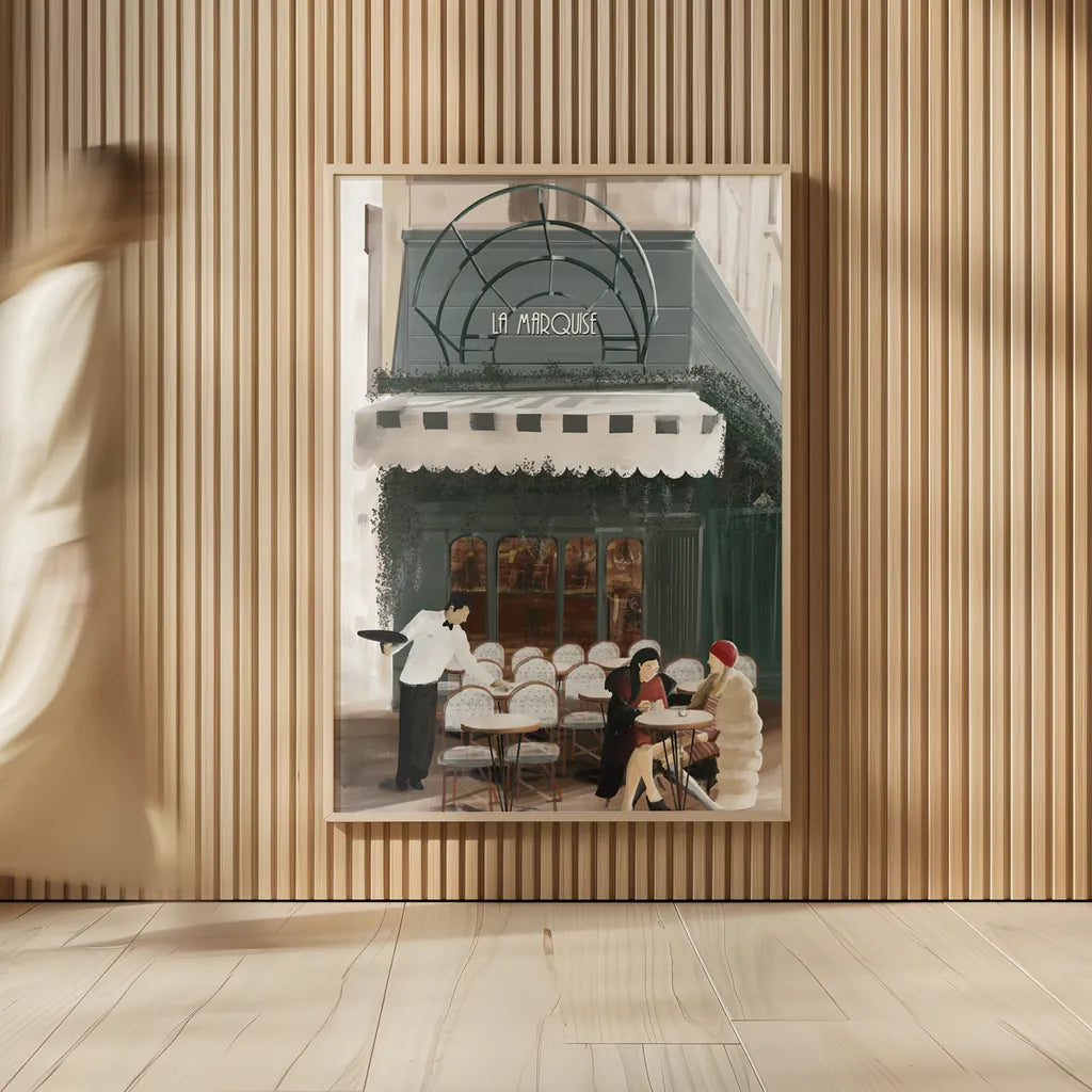 Paris Bistro by Omar Escalante. shown as over sized large wall art. Available as an archival giclee rolled canvas, fine art paper, or poster print. SKU 71213h.