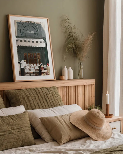 Paris Bistro by Omar Escalante. shown as a paper print in a natural frame. Available as a archival giclee rolled canvas, fine art paper, or poster print. SKU 71213h.