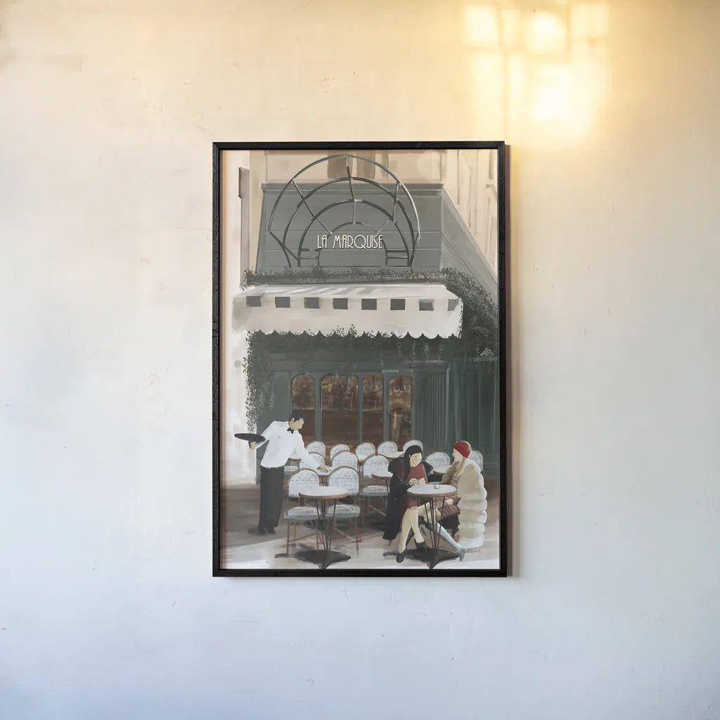 Paris Bistro by Omar Escalante. shown as a paper print in a black flame. Available as a archival giclee rolled canvas, fine art paper, or poster print. SKU 71213h.