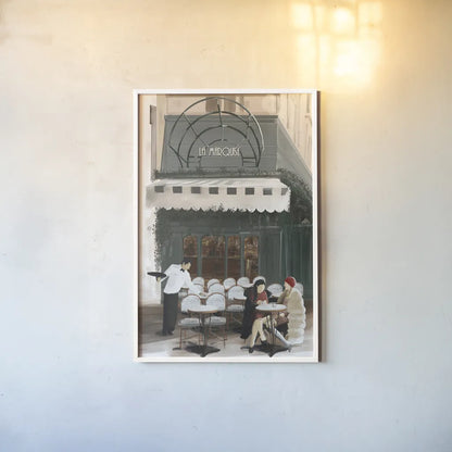 Paris Bistro by Omar Escalante. shown as a paper print in a white frame. Available as a archival giclee rolled canvas, fine art paper, or poster print. SKU 71213h.