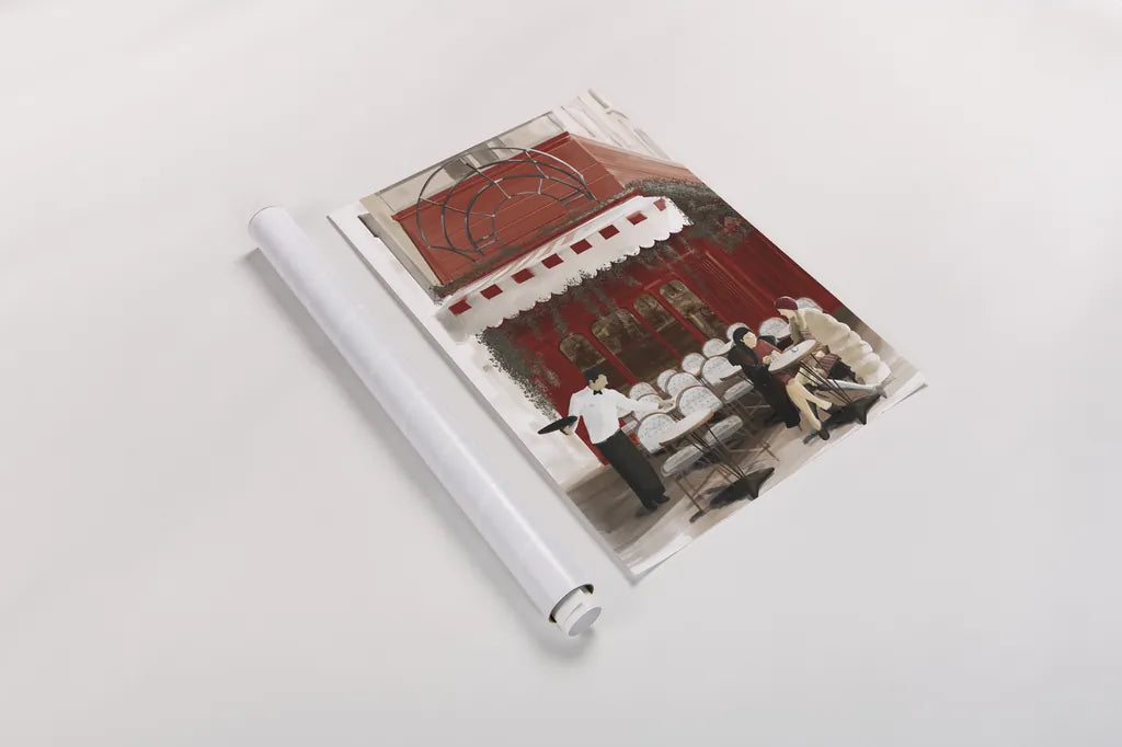 Paris Bistro by Omar Escalante. shown as a rolled paper print. Available as archival giclee rolled canvas, fine art paper, or poster print. SKU 75822h.