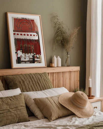 Paris Bistro by Omar Escalante. shown as a paper print in a natural frame. Available as a archival giclee rolled canvas, fine art paper, or poster print. SKU 75822h.