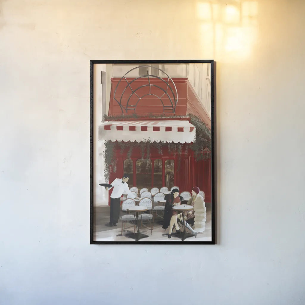 Paris Bistro by Omar Escalante. shown as a paper print in a black flame. Available as a archival giclee rolled canvas, fine art paper, or poster print. SKU 75822h.