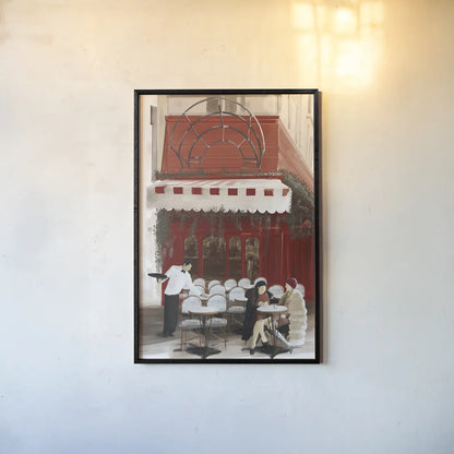 Paris Bistro by Omar Escalante. shown as a paper print in a black flame. Available as a archival giclee rolled canvas, fine art paper, or poster print. SKU 75822h.