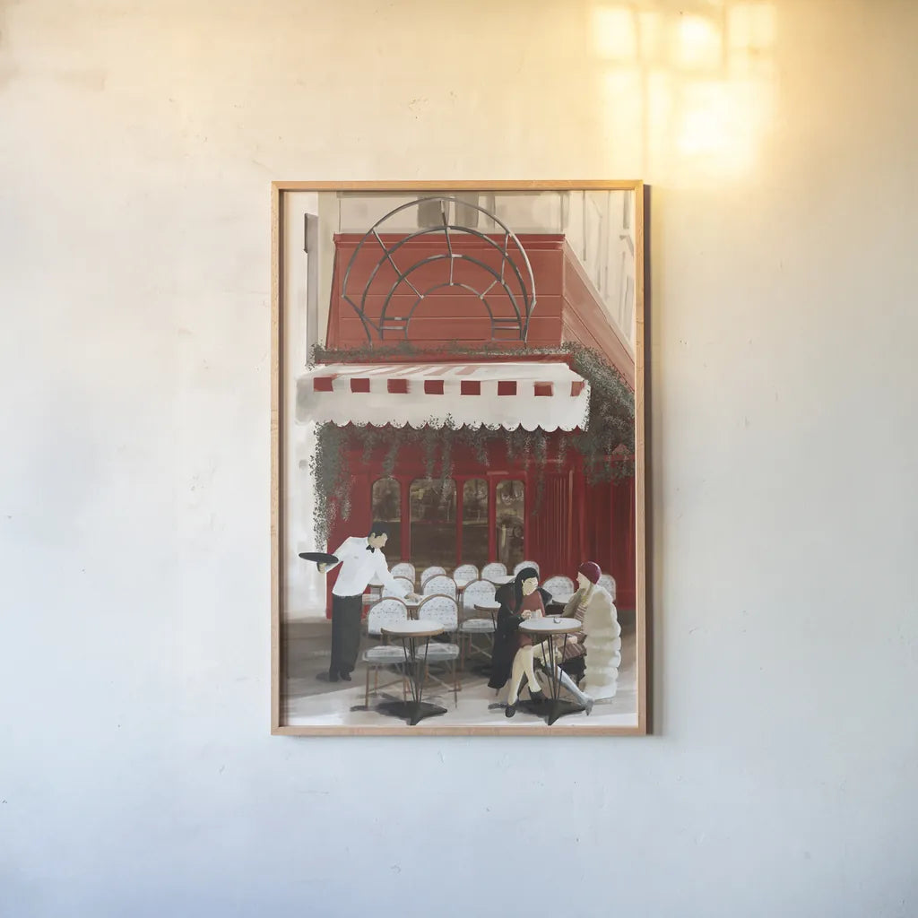 Paris Bistro by Omar Escalante. shown as a paper print in a natural frame. Available as a archival giclee rolled canvas, fine art paper, or poster print. SKU 75822h.
