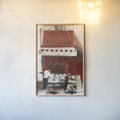 Paris Bistro by Omar Escalante. shown as a paper print in a natural frame. Available as a archival giclee rolled canvas, fine art paper, or poster print. SKU 75822h.