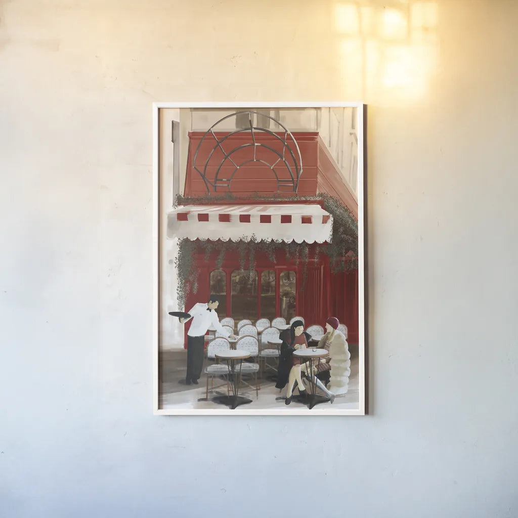 Paris Bistro by Omar Escalante. shown as a paper print in a white frame. Available as a archival giclee rolled canvas, fine art paper, or poster print. SKU 75822h.
