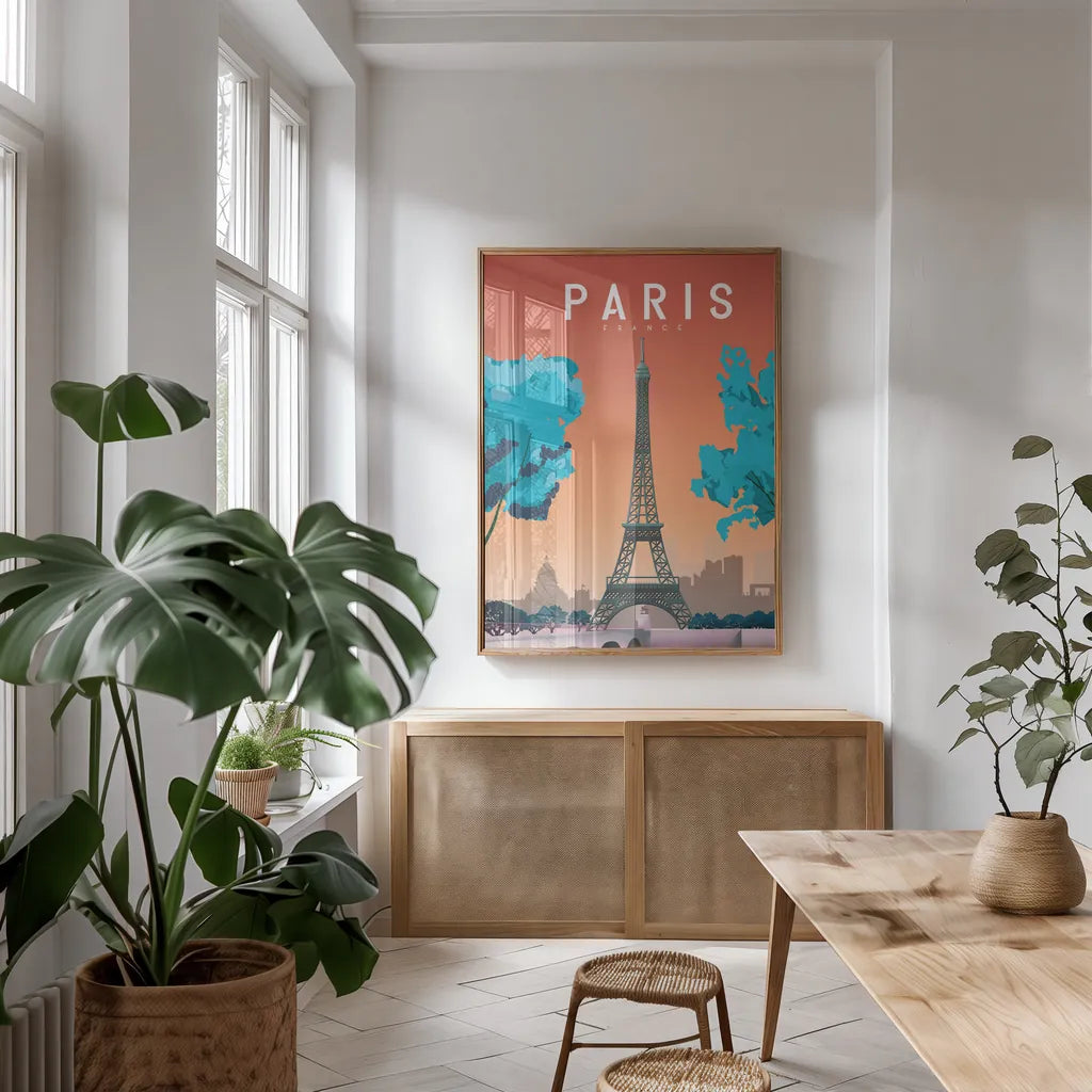 Paris France by Omar Escalante. shown as a print in a natural wood frame in a dining room. Available as a archival giclee rolled canvas, fine art paper, or poster print. SKU 66863h.