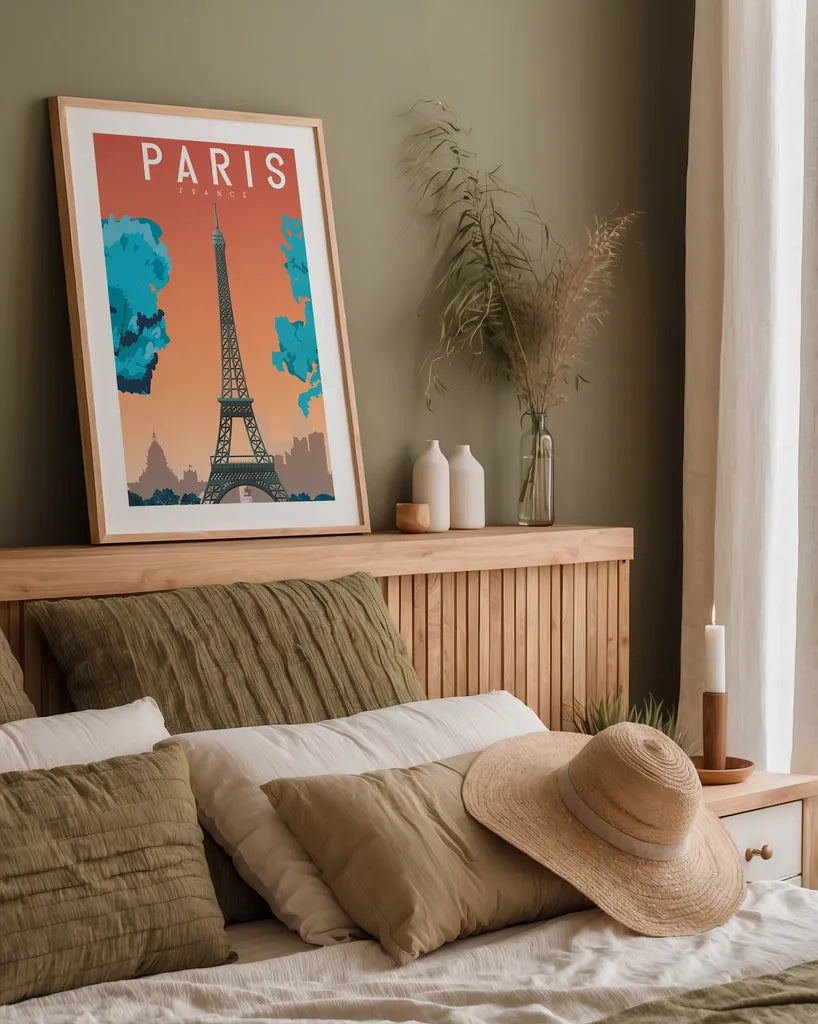Paris France by Omar Escalante. shown as a paper print in a natural frame. Available as a archival giclee rolled canvas, fine art paper, or poster print. SKU 66863h.