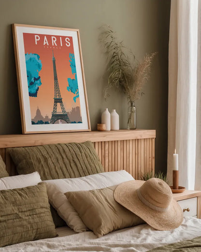 Paris France by Omar Escalante. shown as a paper print in a natural frame. Available as a archival giclee rolled canvas, fine art paper, or poster print. SKU 66863h.