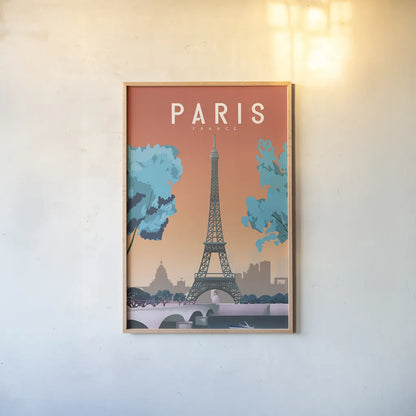 Paris France by Omar Escalante. shown as a paper print in a natural frame. Available as a archival giclee rolled canvas, fine art paper, or poster print. SKU 66863h.