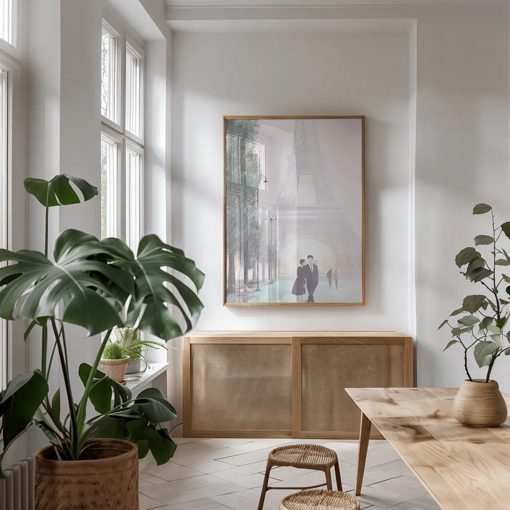 Paris Love by Omar Escalante. shown as a print in a natural wood frame in a dining room. Available as a archival giclee rolled canvas, fine art paper, or poster print. SKU 71215h.