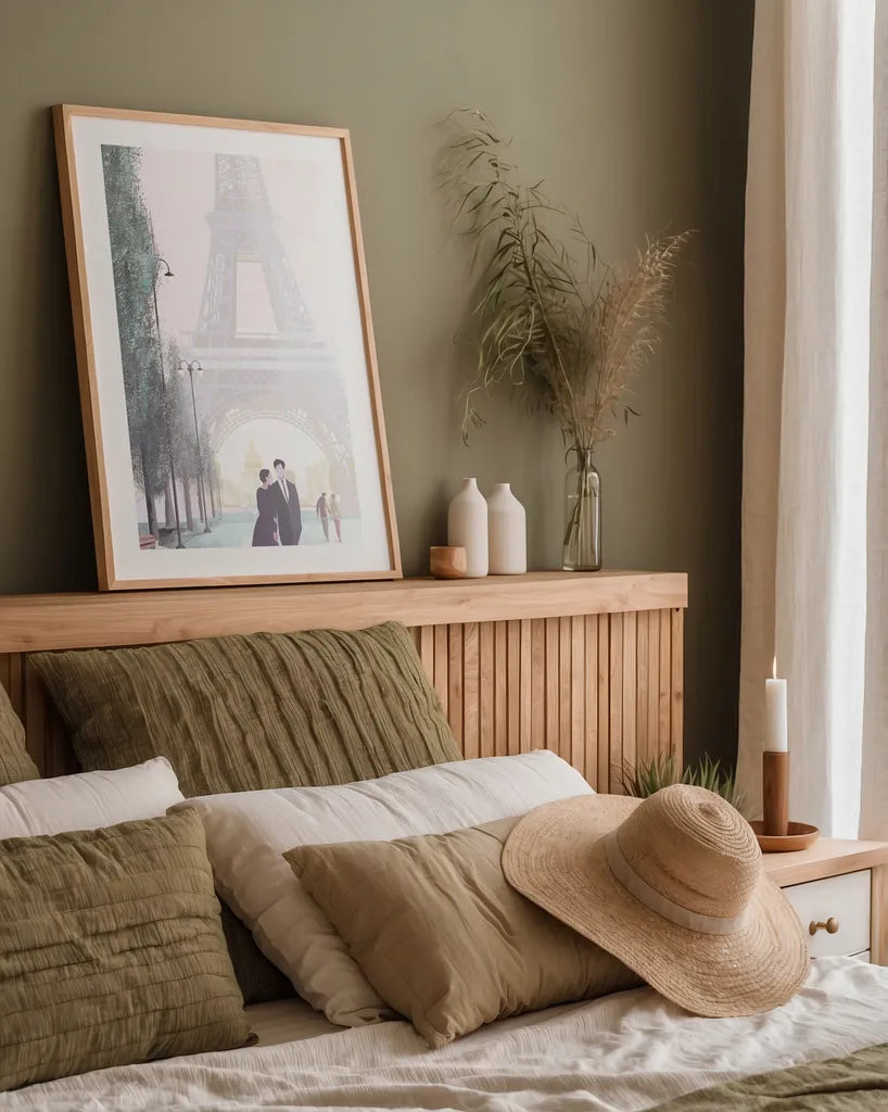 Paris Love by Omar Escalante. shown as a paper print in a natural frame. Available as a archival giclee rolled canvas, fine art paper, or poster print. SKU 71215h.