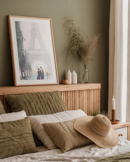 Paris Love by Omar Escalante. shown as a paper print in a natural frame. Available as a archival giclee rolled canvas, fine art paper, or poster print. SKU 71215h.