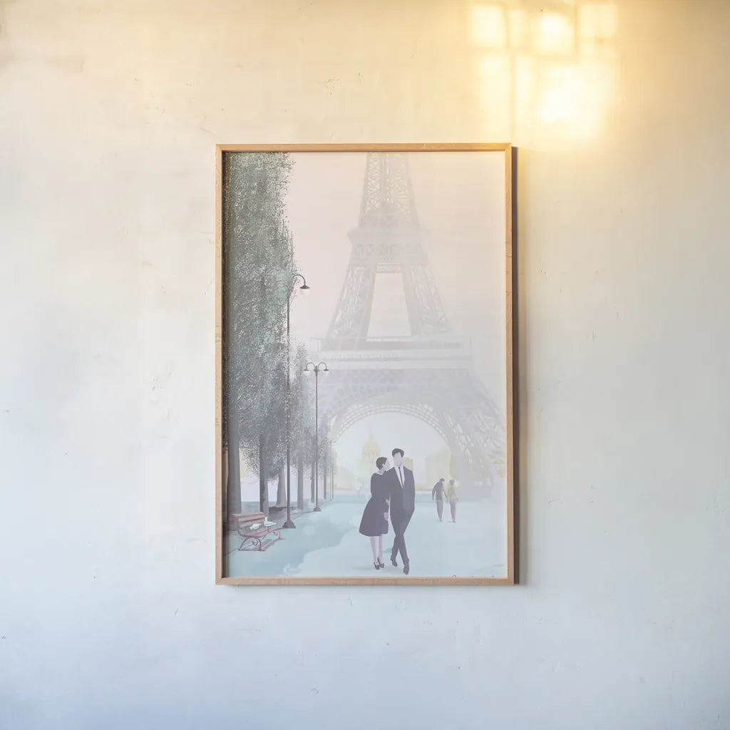 Paris Love by Omar Escalante. shown as a paper print in a natural frame. Available as a archival giclee rolled canvas, fine art paper, or poster print. SKU 71215h.