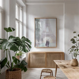 Paris Love II by Omar Escalante. shown as a print in a natural wood frame in a dining room. Available as a archival giclee rolled canvas, fine art paper, or poster print. SKU 75829h.