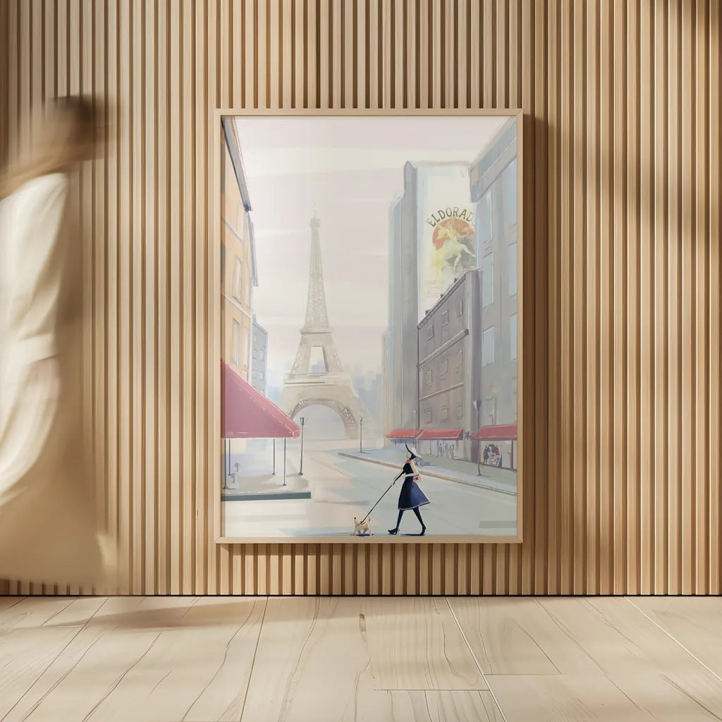 Paris Morning Walk by Omar Escalante. shown as over sized large wall art. Available as an archival giclee rolled canvas, fine art paper, or poster print. SKU 71216h.