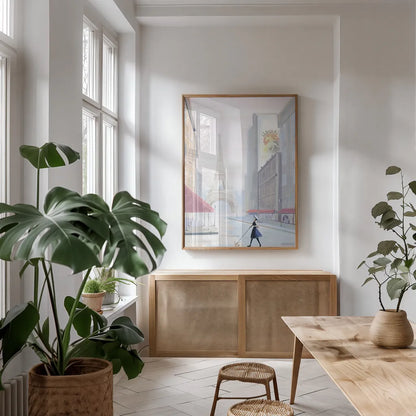 Paris Morning Walk by Omar Escalante. shown as a print in a natural wood frame in a dining room. Available as a archival giclee rolled canvas, fine art paper, or poster print. SKU 71216h.