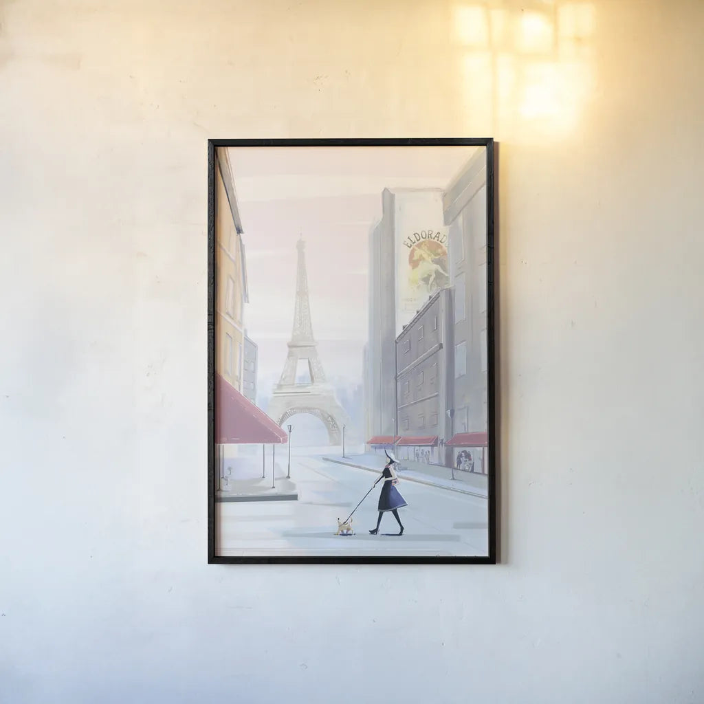 Paris Morning Walk by Omar Escalante. shown as a paper print in a black flame. Available as a archival giclee rolled canvas, fine art paper, or poster print. SKU 71216h.