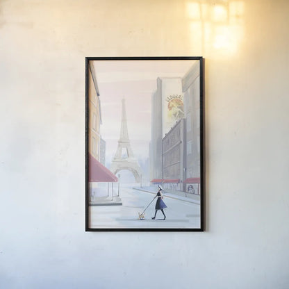 Paris Morning Walk by Omar Escalante. shown as a paper print in a black flame. Available as a archival giclee rolled canvas, fine art paper, or poster print. SKU 71216h.