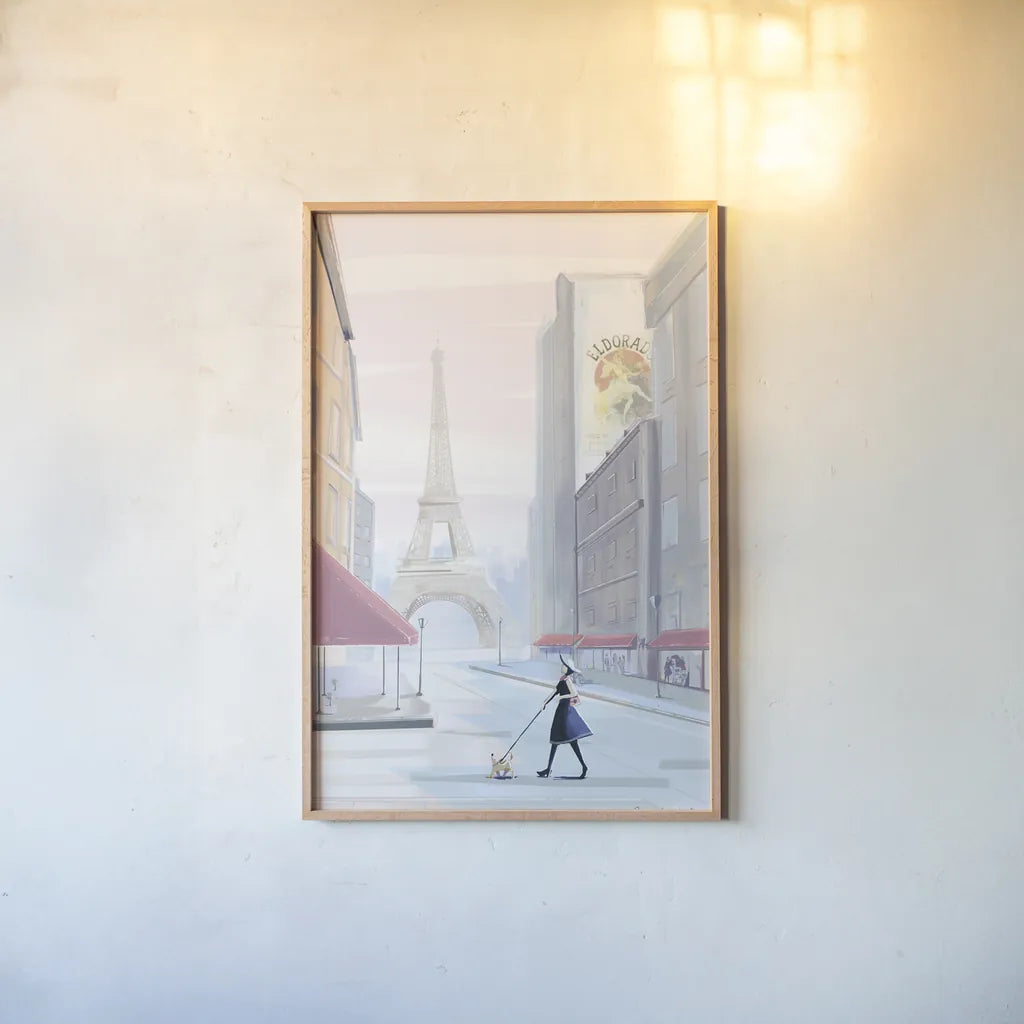 Paris Morning Walk by Omar Escalante. shown as a paper print in a natural frame. Available as a archival giclee rolled canvas, fine art paper, or poster print. SKU 71216h.
