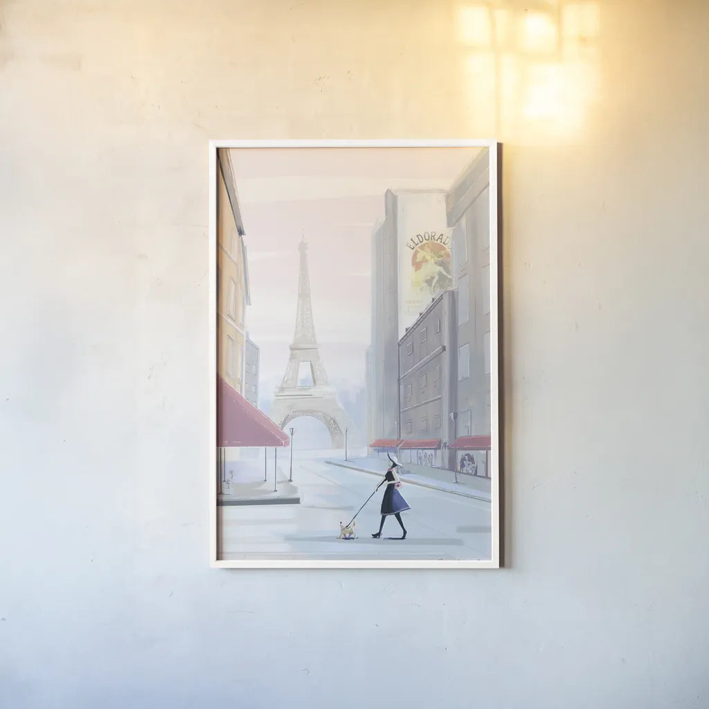 Paris Morning Walk by Omar Escalante. shown as a paper print in a white frame. Available as a archival giclee rolled canvas, fine art paper, or poster print. SKU 71216h.