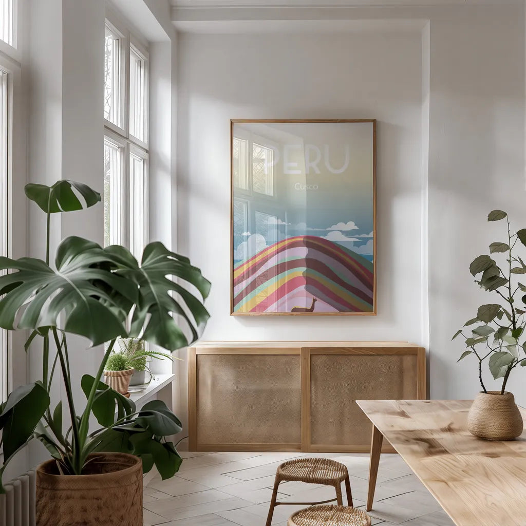 Peru by Omar Escalante. shown as a print in a natural wood frame in a dining room. Available as a archival giclee rolled canvas, fine art paper, or poster print. SKU 62772h.