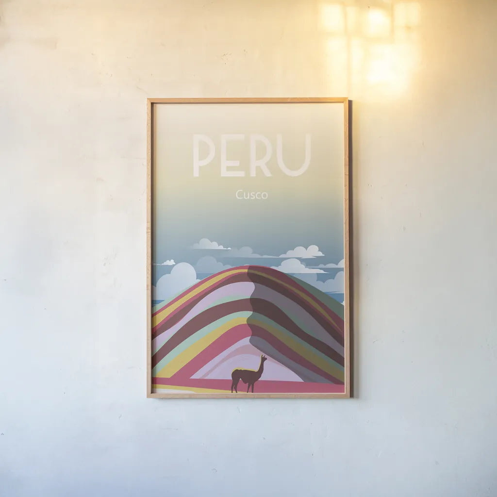 Peru by Omar Escalante. shown as a paper print in a natural frame. Available as a archival giclee rolled canvas, fine art paper, or poster print. SKU 62772h.