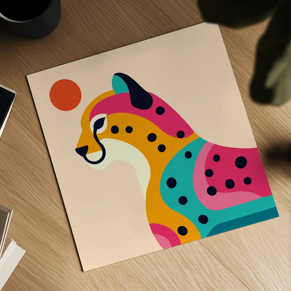 Safari Cat I by Omar Escalante. Shown as a detailed flat fine art print, highlighting archival giclee quality. Available as an archival giclee rolled canvas, fine art paper, or poster print. SKU 92555a.