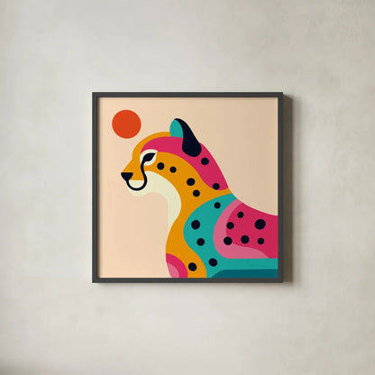 Safari Cat I by Omar Escalante. Shown in a sleek black glass frame for a contemporary gallery look. Available as an archival giclee rolled canvas, fine art paper, or poster print. SKU 92555a.