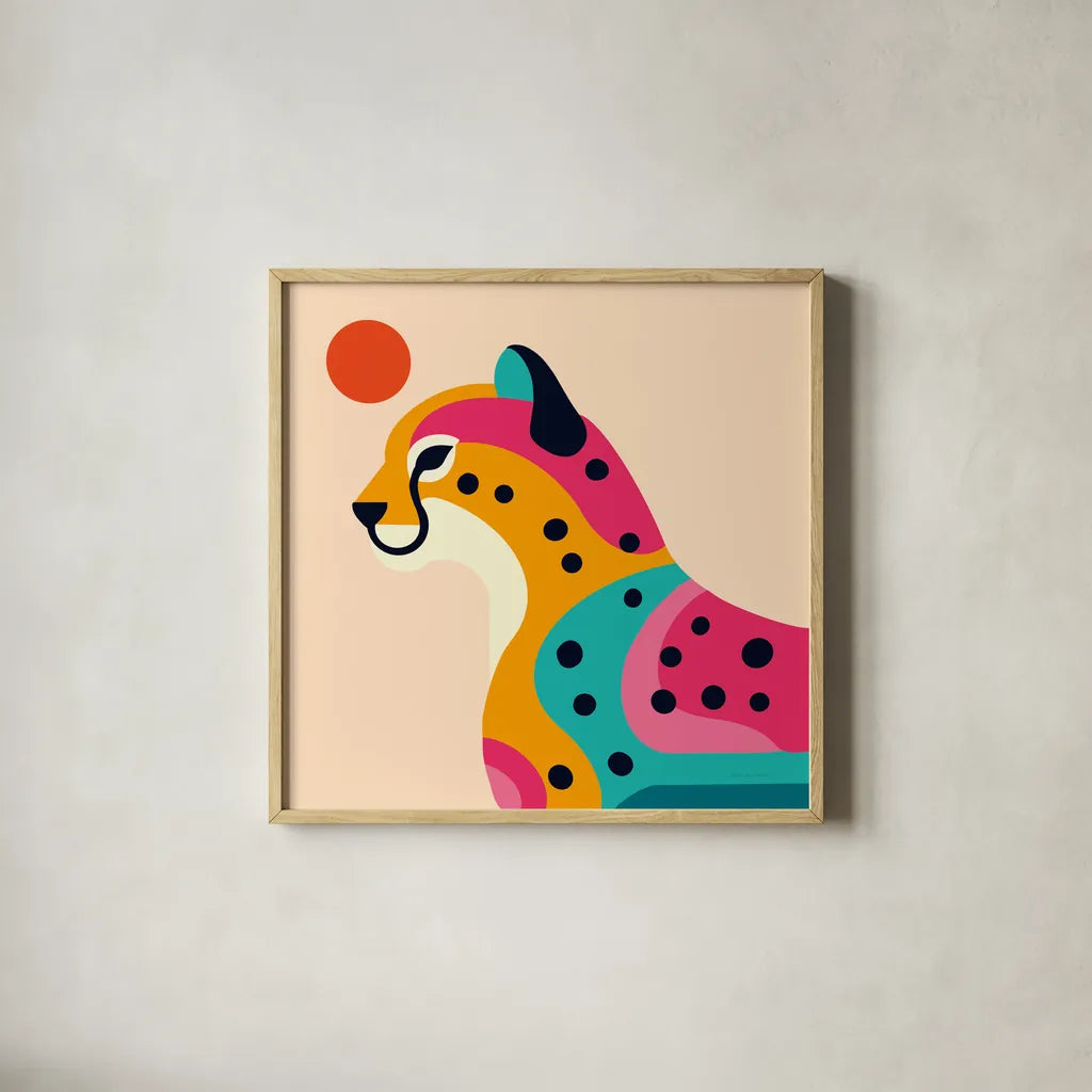 Safari Cat I by Omar Escalante. Shown in a natural wood glass frame for a timeless modern aesthetic. Available as an archival giclee rolled canvas, fine art paper, or poster print. SKU 92555a.