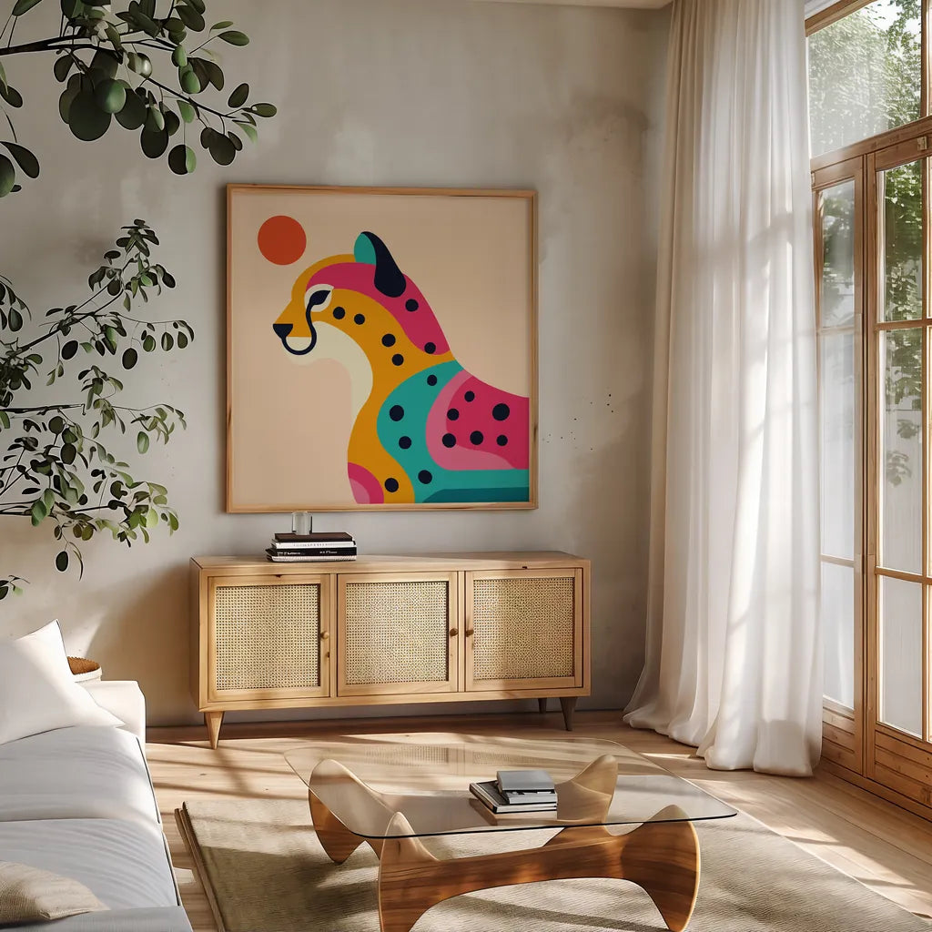 Safari Cat I by Omar Escalante. Shown in a natural wood frame in a cozy modern living room. Available as an archival giclee rolled canvas, fine art paper, or poster print. SKU 92555a.
