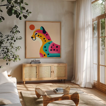 Safari Cat I by Omar Escalante. Shown in a natural wood frame in a cozy modern living room. Available as an archival giclee rolled canvas, fine art paper, or poster print. SKU 92555a.